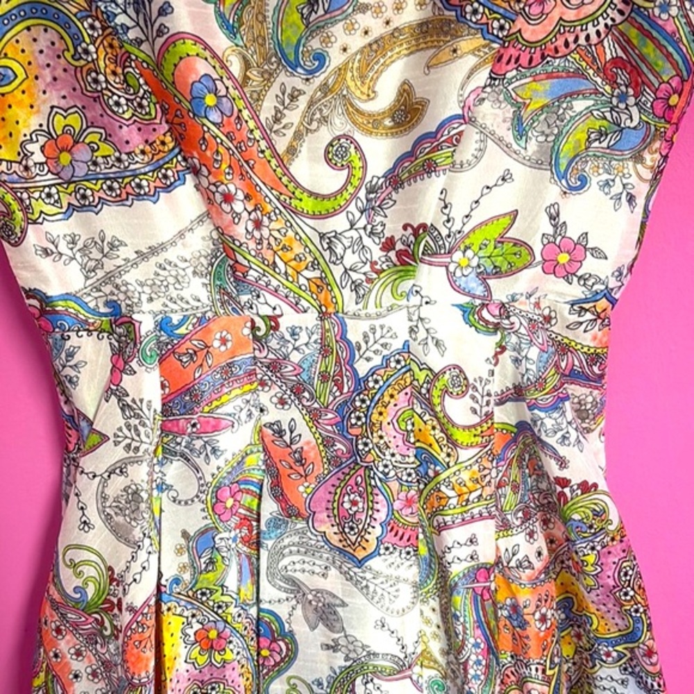 Paisley Print Cap Sleeve women’s colorful Dress sz L paris designer unique